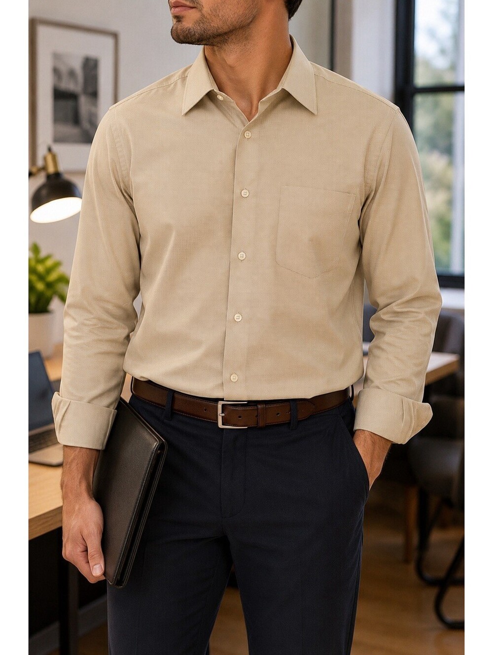 Claiborne T-Weave Men’s Dress Shirt Beige Cotton Blend Size L FREE SHIPPING